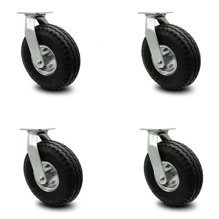 10" Pneumatic Swivel Caster w/Bolt on Swivel Locks Set of 4 - Black Rubber Wheel - 1,400 lbs. Capacity - Service Caster Brand
